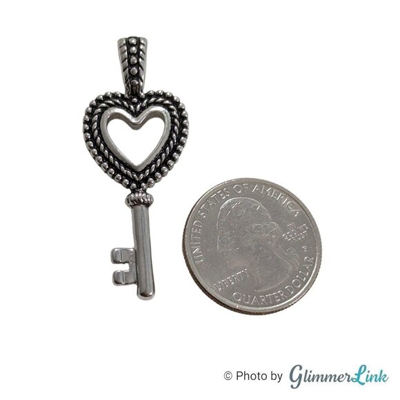 Lia Sophia Key To My Heart Skeleton Key Textured Silver Tone Slide Pendant - Picture 3 of 6